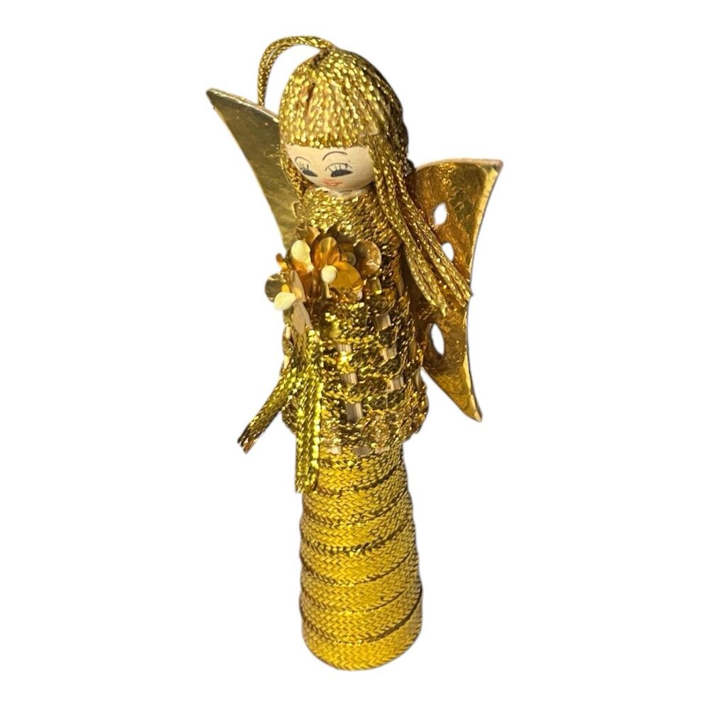 Vintage '60s Gold Foil Ribbon Wood Angel Christmas MCM Decoration Ornament 4"
